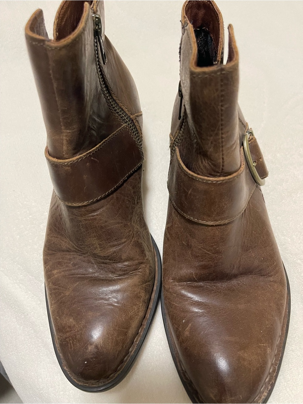 Born Brown Leather Ankle Booties with Side Zip and Buckle - Picture 5 of 9